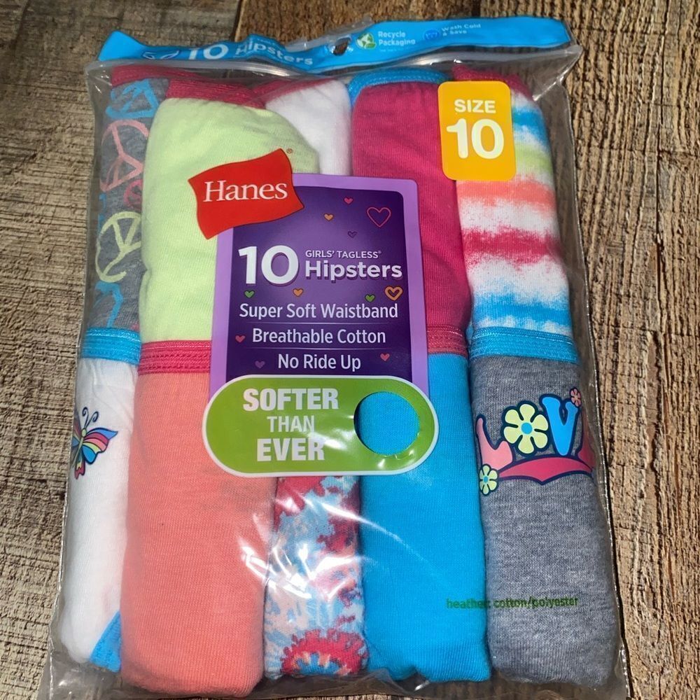 Hanes Girls Hipster Tagless Underwear No‎ Ride Up Multicolor 10 Ct Size 10 Nwt. - Picture 2 of 7